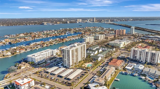 aerial view featuring a water view and a city view