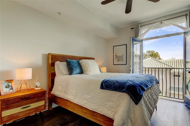 bedroom with dark wood-type flooring, access to outside, and ceiling fan