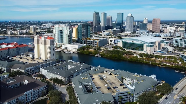 bird's eye view with a water view