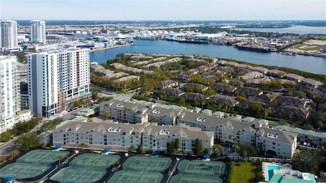 drone / aerial view with a water view