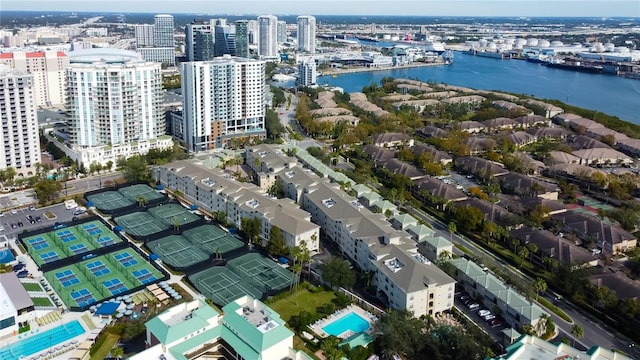 drone / aerial view with a water view