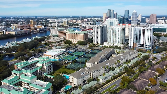 bird's eye view with a water view