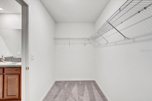 walk in closet with light carpet and sink