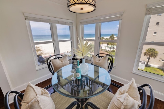 dining room with plenty of natural light, a water view, a view of the beach, and dark wood-type flooring