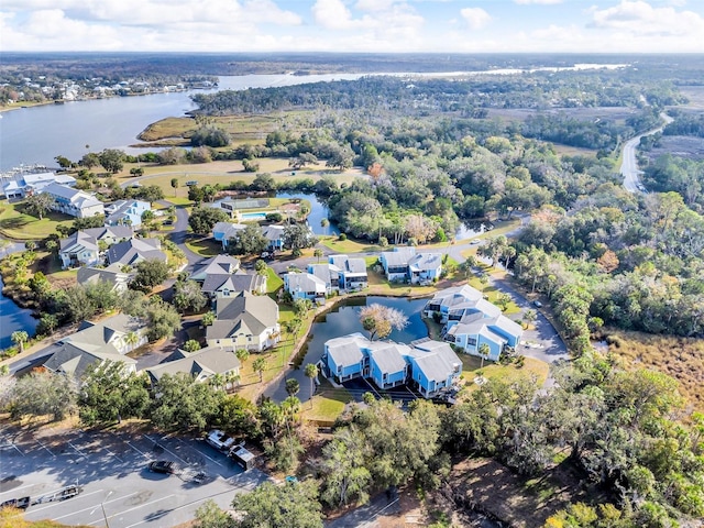 drone / aerial view with a water view