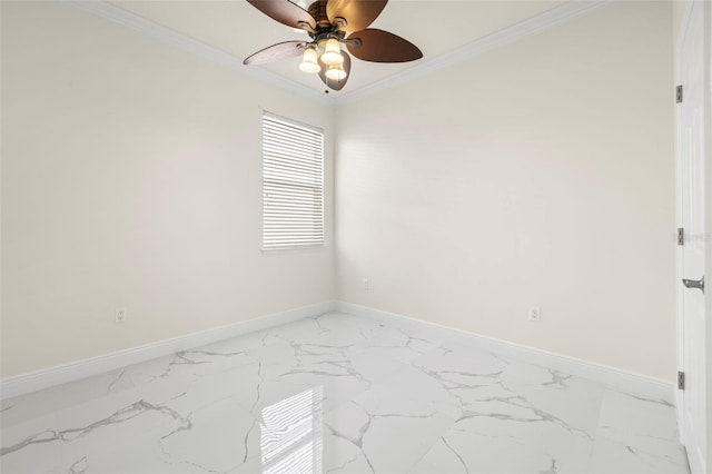 spare room with ceiling fan and crown molding