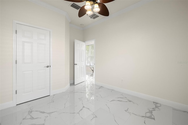 unfurnished bedroom featuring ceiling fan and crown molding