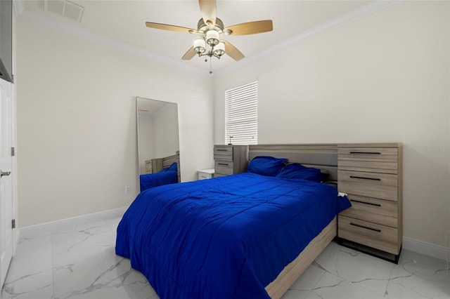 bedroom with ceiling fan and ornamental molding