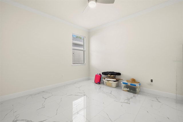 unfurnished room featuring ceiling fan and ornamental molding