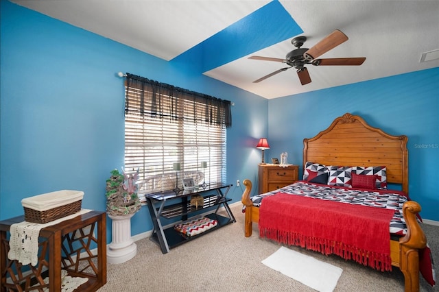 bedroom featuring ceiling fan and carpet flooring