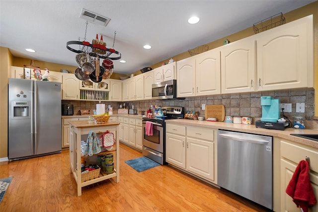 kitchen featuring decorative backsplash, a center island, stainless steel appliances, and light wood-type flooring