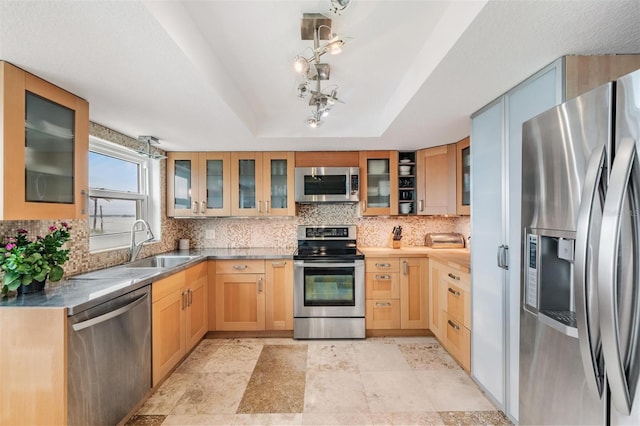 kitchen featuring a raised ceiling, sink, decorative light fixtures, appliances with stainless steel finishes, and tasteful backsplash