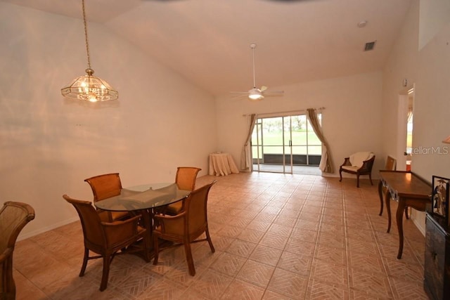 dining space with baseboards, high vaulted ceiling, visible vents, and a ceiling fan