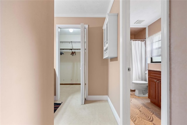 hall featuring ornamental molding and a textured ceiling