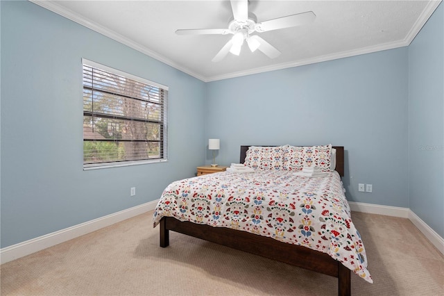 bedroom with ceiling fan, carpet, and ornamental molding