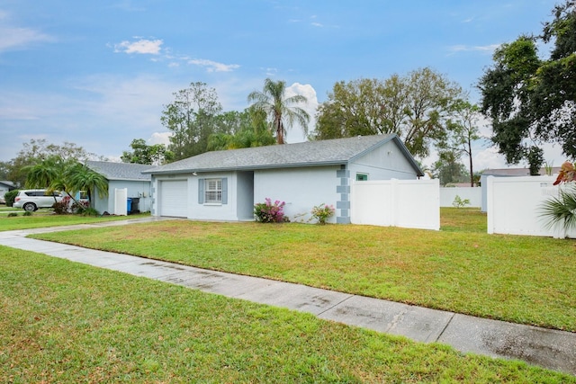 ranch-style house with a garage and a front lawn