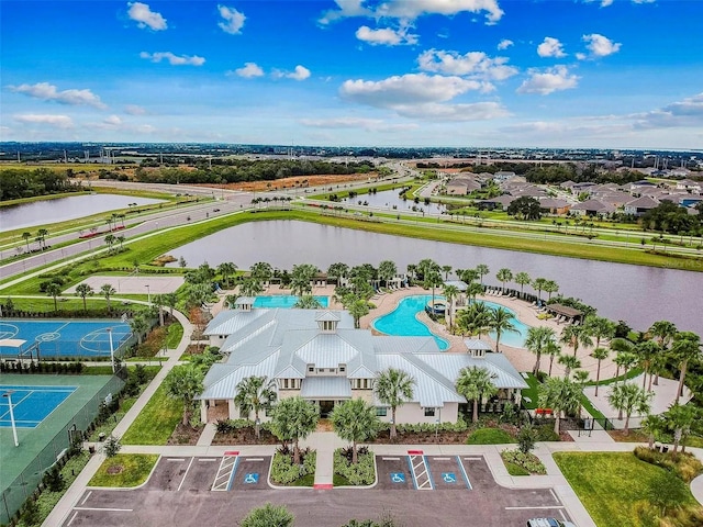 drone / aerial view featuring a water view