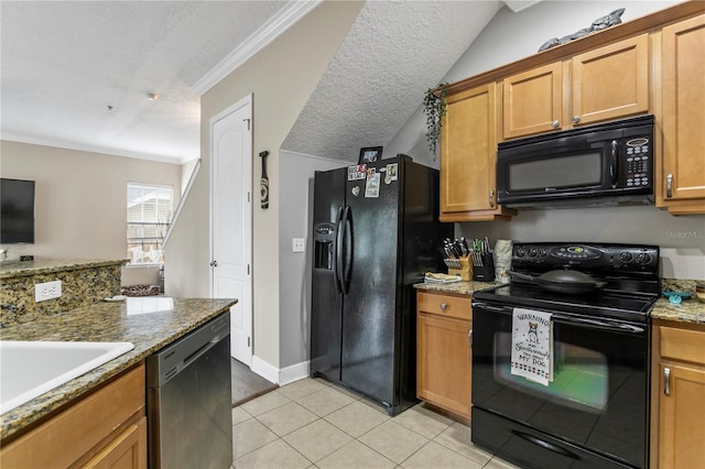 kitchen featuring crown molding, light stone countertops, light tile patterned flooring, a textured ceiling, and black appliances