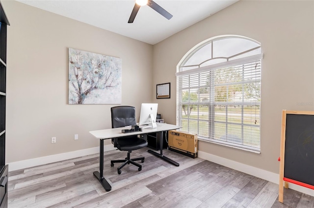 office space with ceiling fan and light wood-type flooring