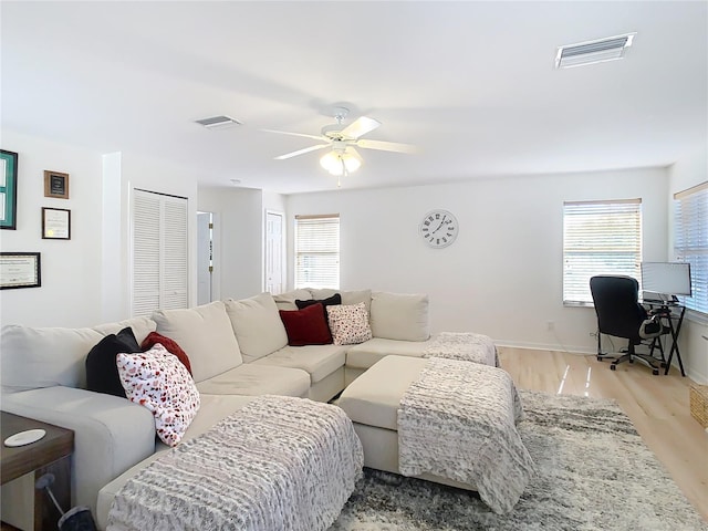 living room featuring a wealth of natural light, ceiling fan, and light hardwood / wood-style flooring