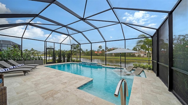 view of swimming pool with a lanai, pool water feature, a water view, and a patio