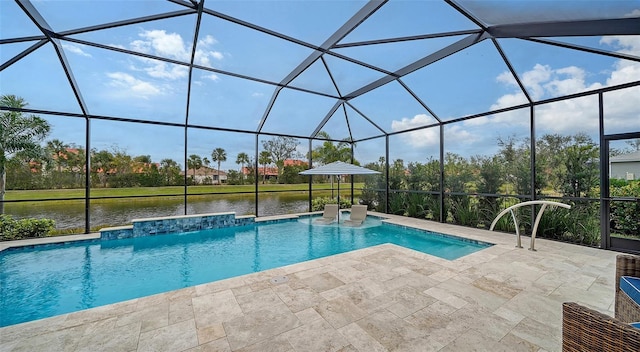 view of pool with a water view, pool water feature, a patio, and glass enclosure