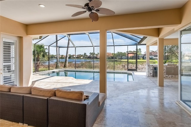 view of pool with a water view