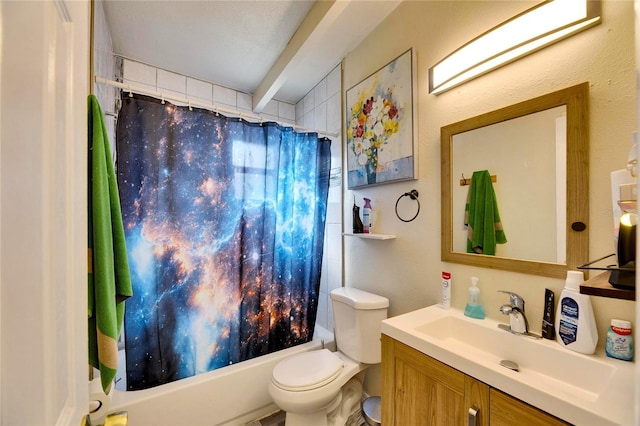 full bathroom featuring a textured ceiling, toilet, vanity, and shower / tub combo with curtain