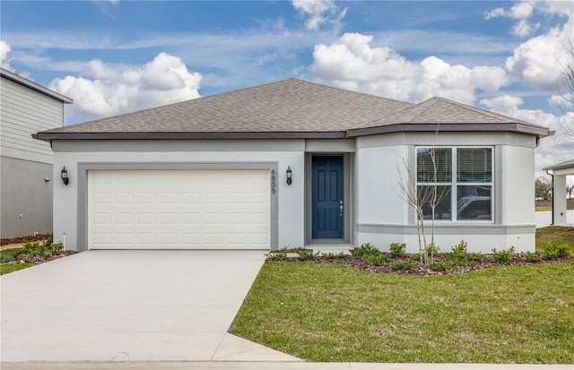 view of front facade featuring a garage, roof with shingles, driveway, and stucco siding