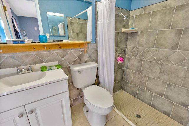 bathroom featuring vanity, decorative backsplash, tile walls, toilet, and a shower with shower curtain