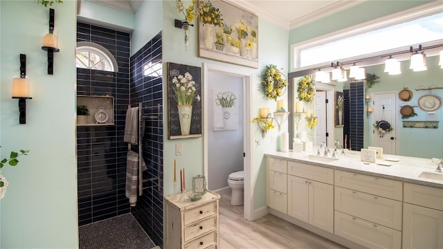 bathroom with vanity, a wealth of natural light, ornamental molding, and toilet