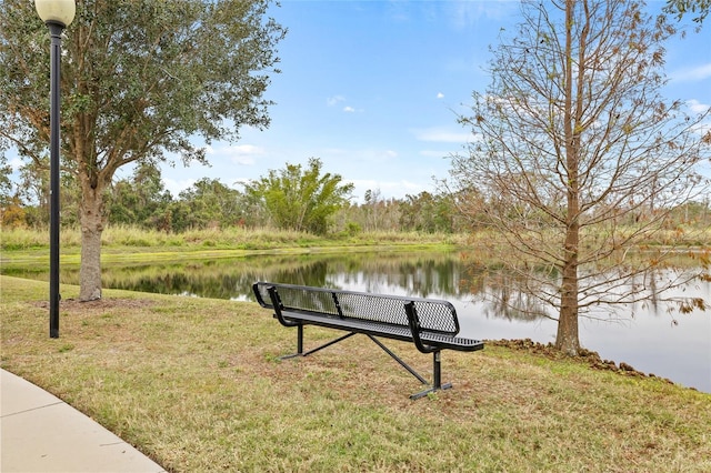 view of community featuring a water view and a yard