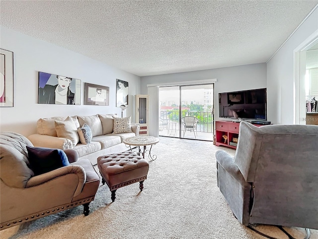 living room featuring a textured ceiling and carpet