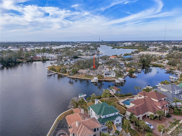 aerial view featuring a water view