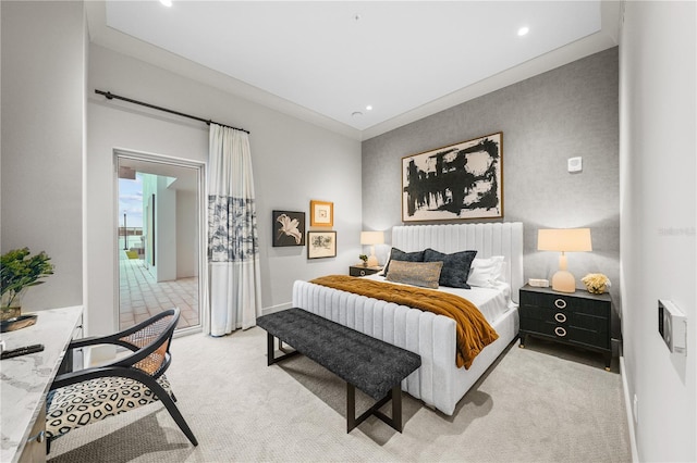 bedroom featuring baseboards, recessed lighting, and light colored carpet