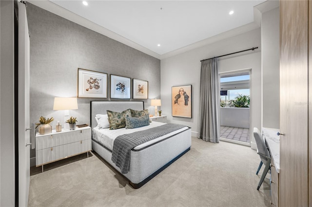 bedroom featuring light carpet, access to exterior, baseboards, and recessed lighting