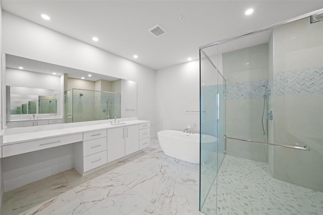 full bath featuring recessed lighting, visible vents, a freestanding bath, a shower stall, and vanity