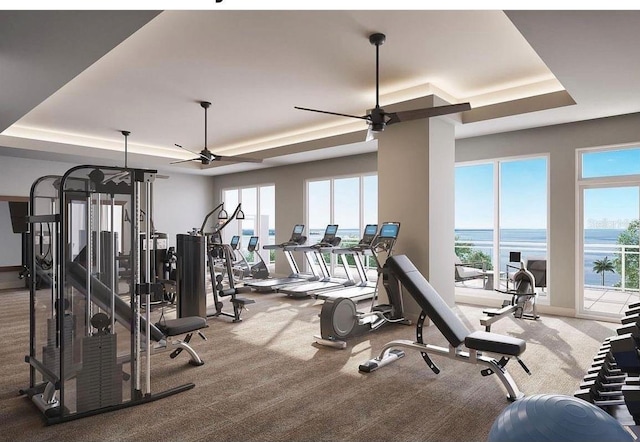 gym with a wealth of natural light, a raised ceiling, and a ceiling fan