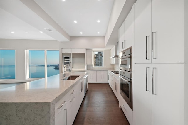 kitchen with a sink, a kitchen island with sink, dark wood-style floors, light stone counters, and white cabinetry