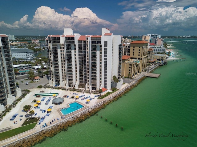 aerial view featuring a water view