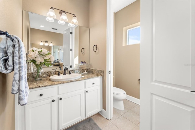 bathroom with vanity, toilet, and tile patterned flooring