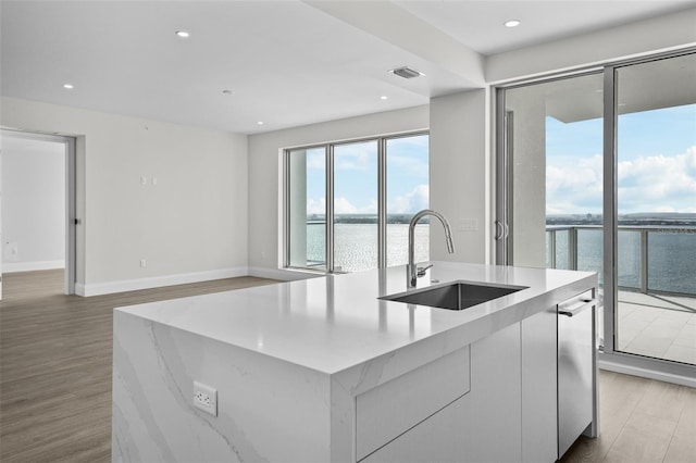 kitchen with light hardwood / wood-style floors, sink, a water view, and an island with sink