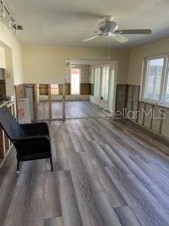 unfurnished dining area featuring wood-type flooring, a wealth of natural light, and ceiling fan