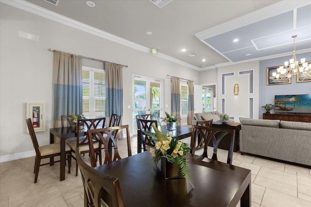 dining space featuring a chandelier, crown molding, and light tile patterned flooring