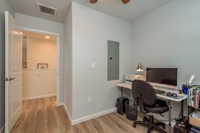 office area featuring ceiling fan, electric panel, and light hardwood / wood-style floors