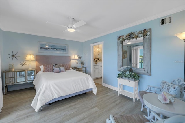 bedroom featuring ornamental molding, connected bathroom, ceiling fan, and light wood-type flooring