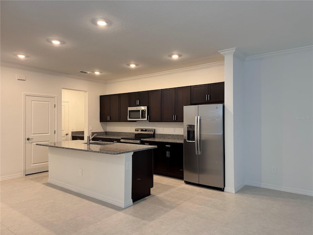 kitchen with sink, a kitchen island with sink, stainless steel appliances, ornamental molding, and stone countertops