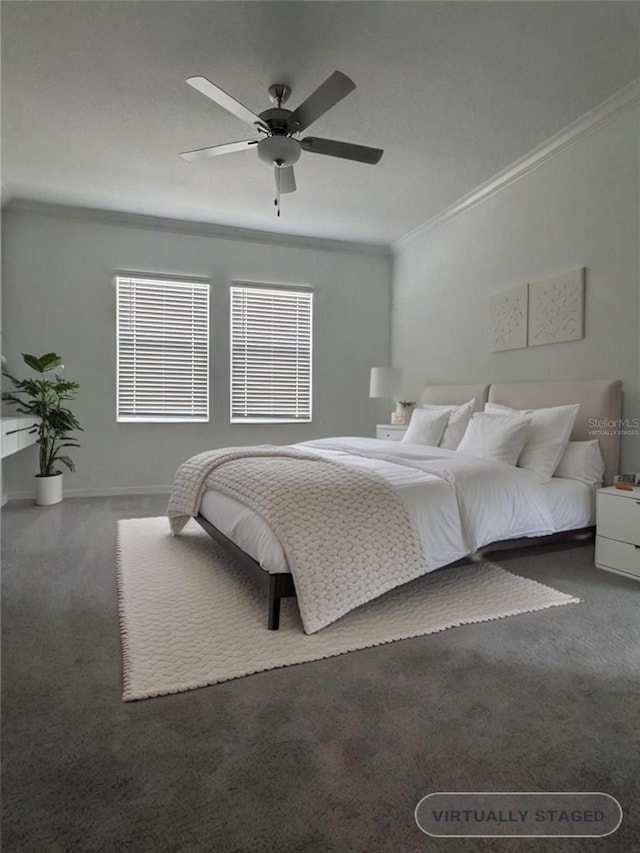 bedroom with ornamental molding, ceiling fan, and dark carpet