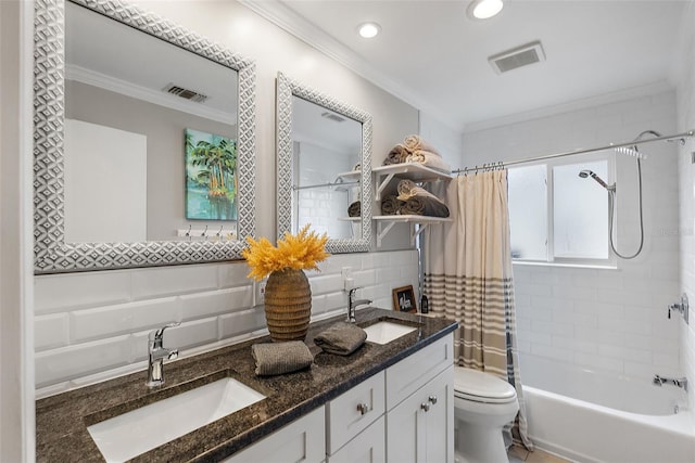 full bathroom featuring toilet, tasteful backsplash, crown molding, vanity, and shower / bath combo