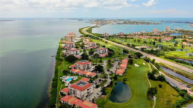 bird's eye view with a water view